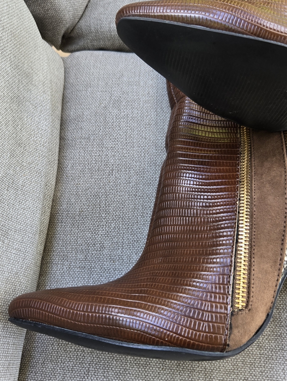 Shoe Dazzle Kioni Brown Snakeskin-Print Knee Boots with Gold Zip - Picture 12 of 16
